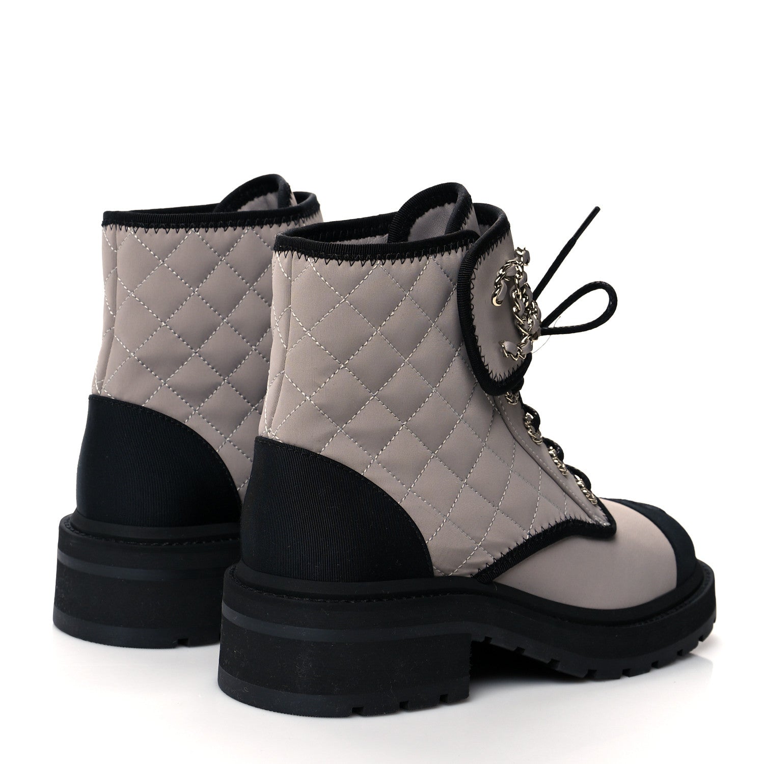 Chanel Fabric Grosgrain Quilted Cap Toe Lace Up Combat Boots 37.5 Gray 4 of 7