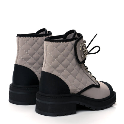 Chanel Fabric Grosgrain Quilted Cap Toe Lace Up Combat Boots 37.5 Gray 4 of 7