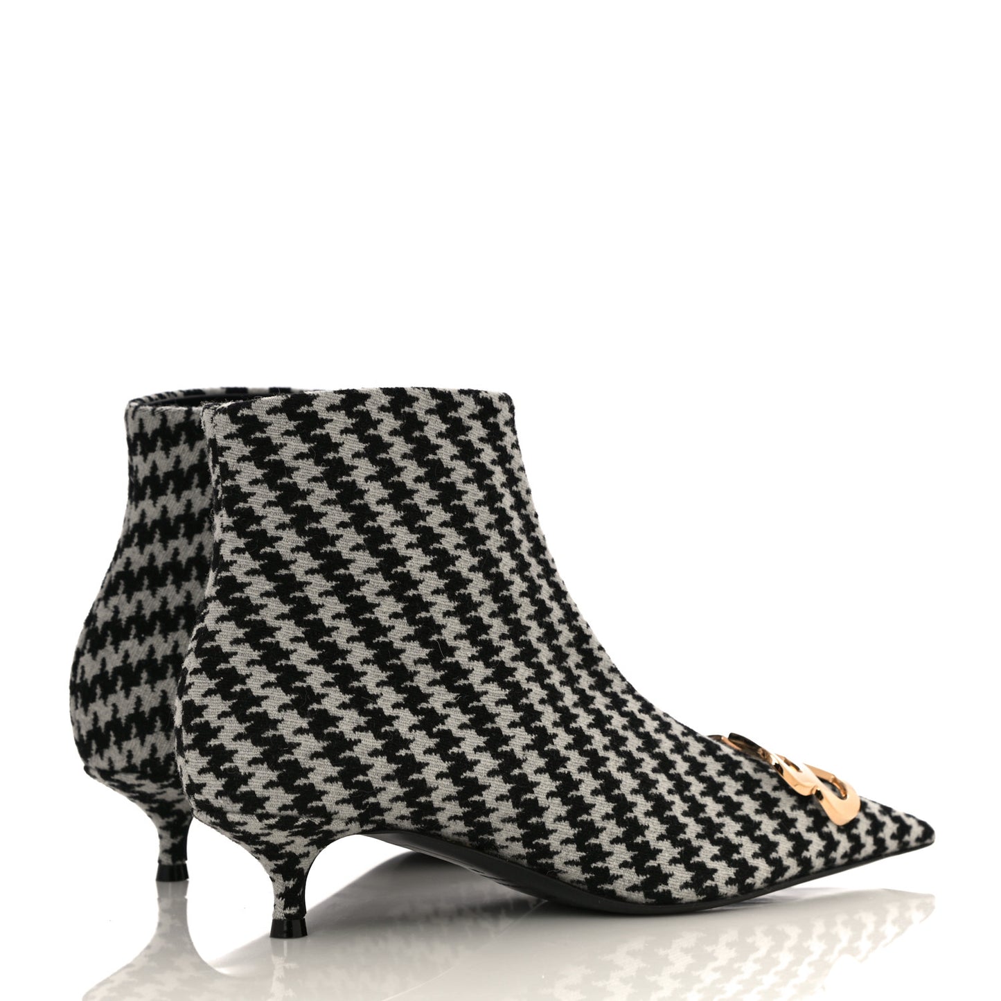 Wool Houndstooth BB Pointy Toe Ankle Booties 39 Black Ivory