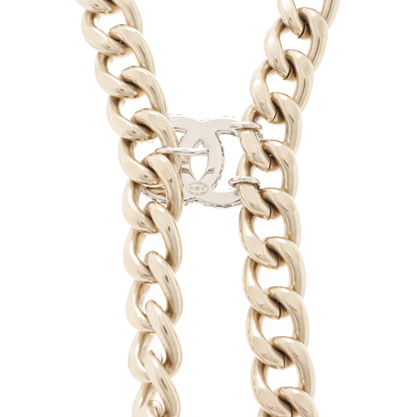 Chain Link Crystal CC Dog Tag Charm Necklace Gold