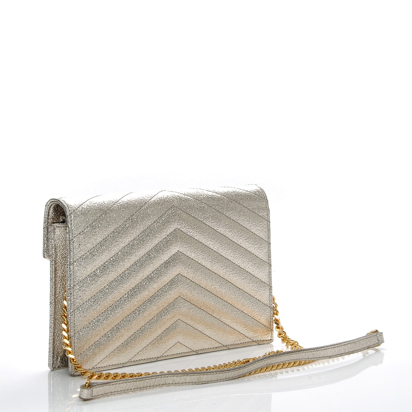 Metallic Calfskin Matelasse Chevron Monogram Envelope Chain Wallet Pale Gold