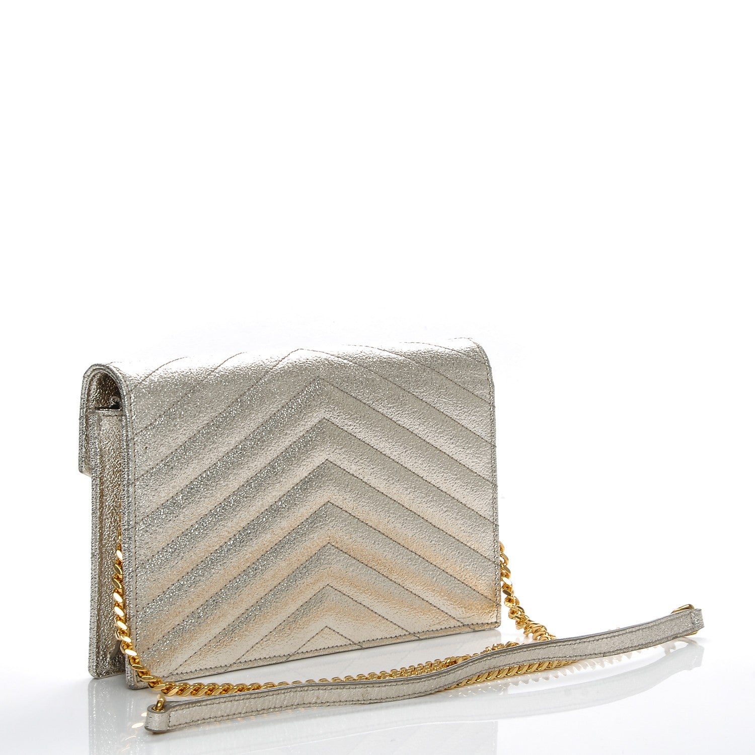 Saint Laurent Metallic Calfskin Matelasse Chevron Monogram Envelope Chain Wallet Pale Gold 3 of 6