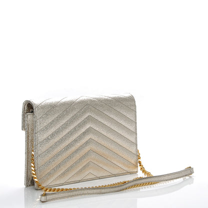 Saint Laurent Metallic Calfskin Matelasse Chevron Monogram Envelope Chain Wallet Pale Gold 3 of 6