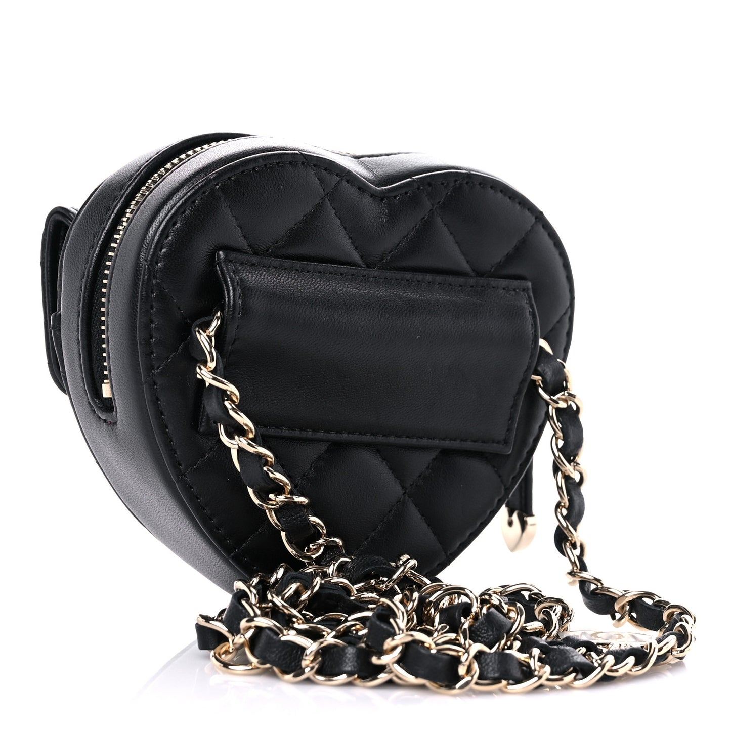 Lambskin Quilted CC In Love Heart Waist Belt Bag With Chain Black
