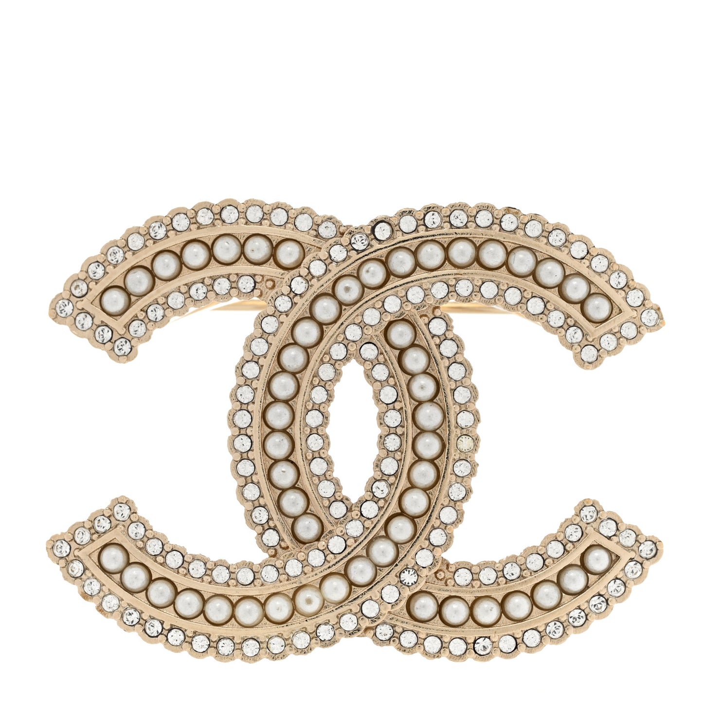 Pearl Crystal Lace Camellia CC Brooch Gold
