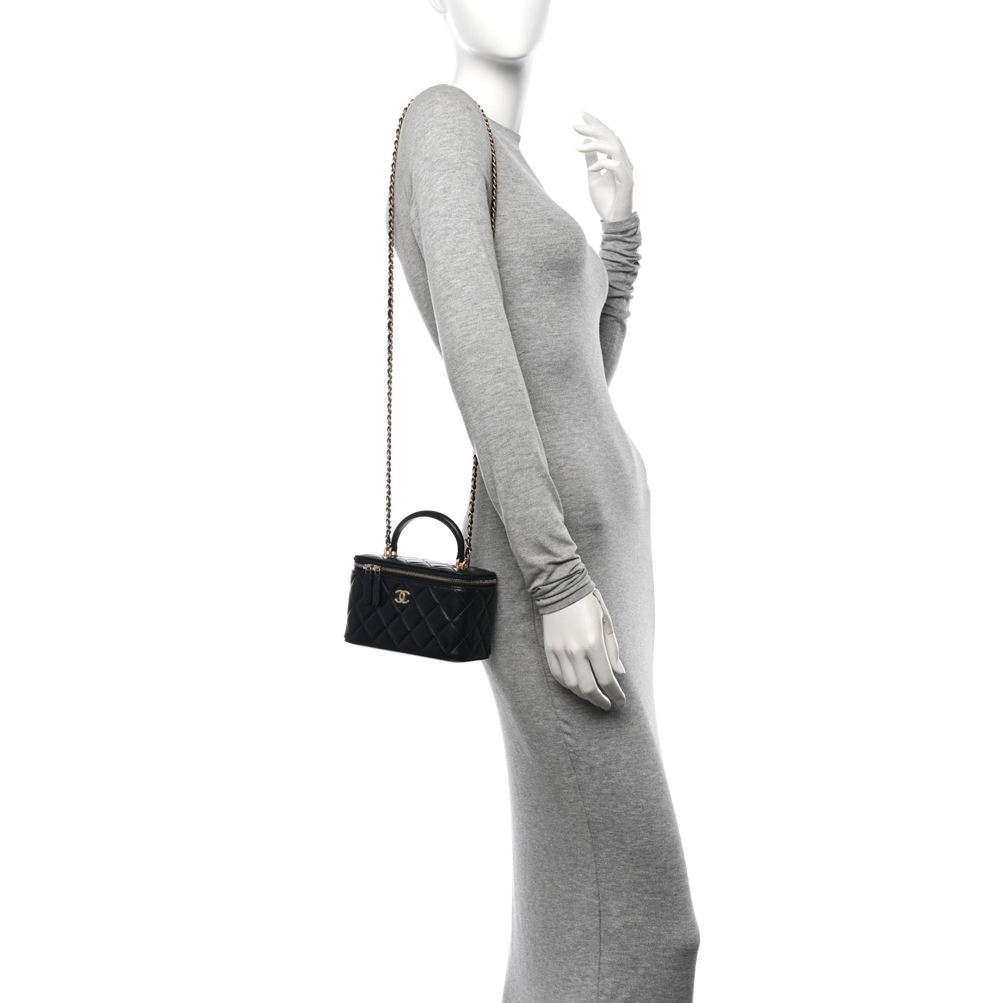 Lambskin Quilted Small Top Handle Vanity Case With Chain Black