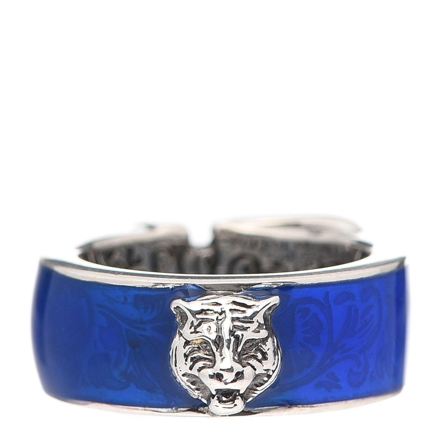 Gucci Sterling Silver Enamel Feline Head Buckle Ring Blue 55 7.25 3 of 4
