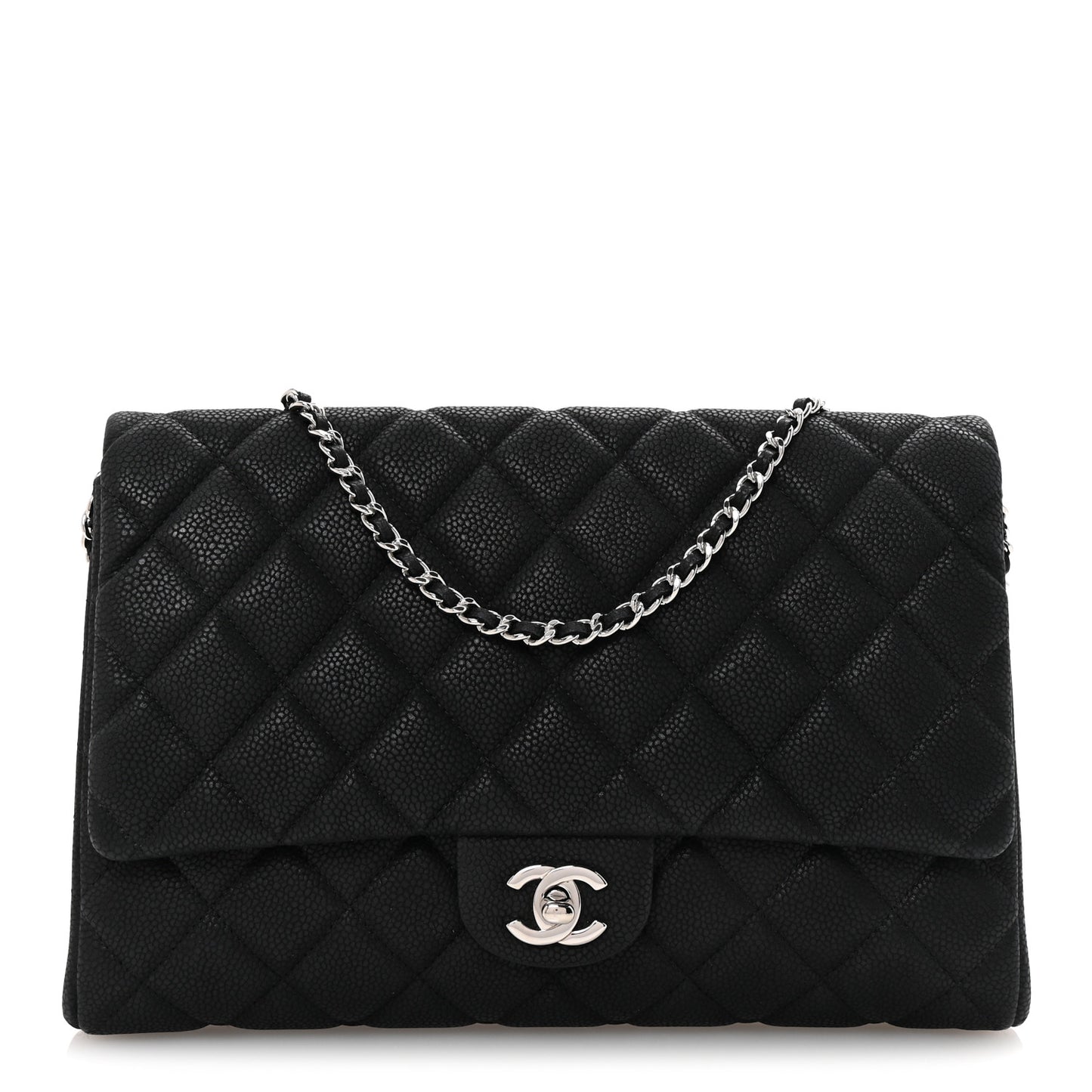 Iridescent Caviar Quilted Clutch With Chain Flap Black