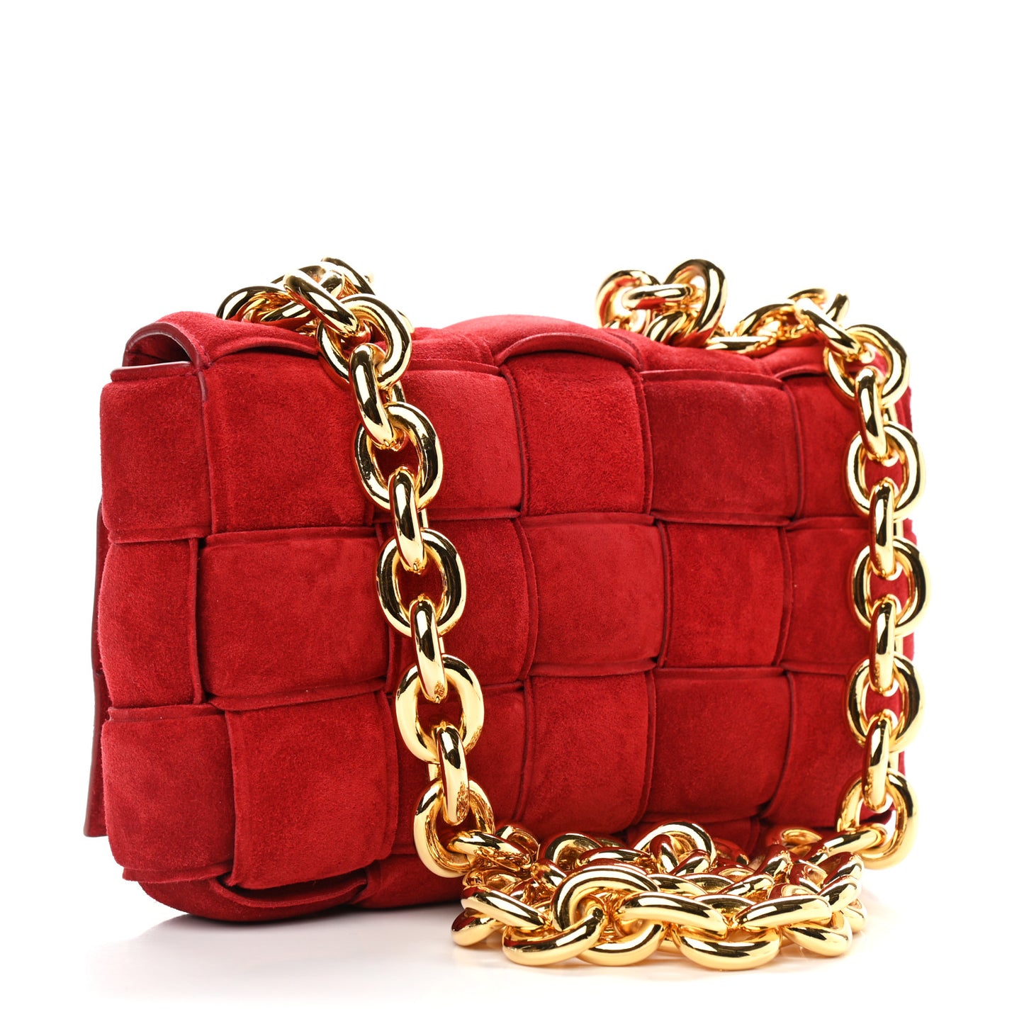 Suede Maxi Intrecciato Padded Chain Cassette Crossbody Bag Dark Red