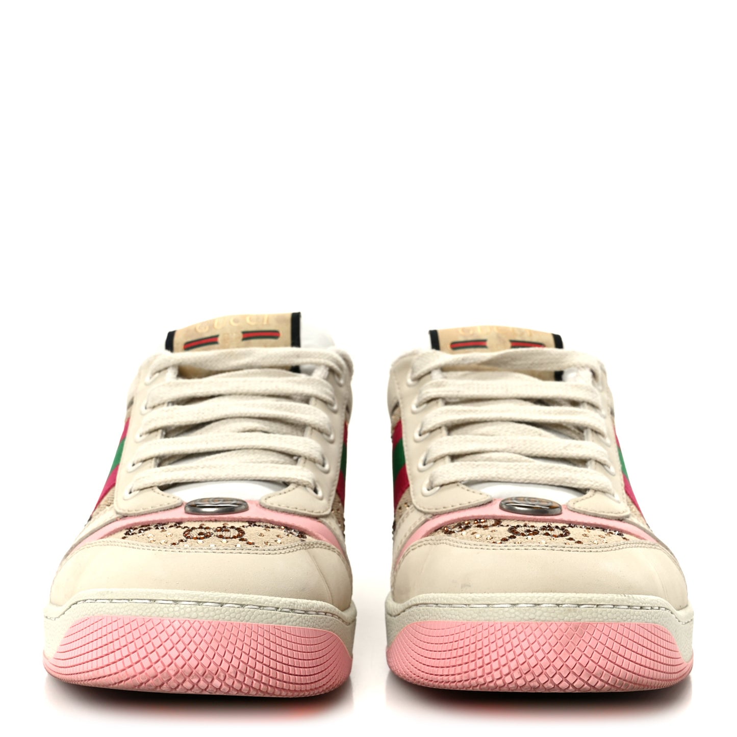 Calfskin GG Supreme Crystals Web Screener Sneakers 38 Beige Ebony Wild Rose