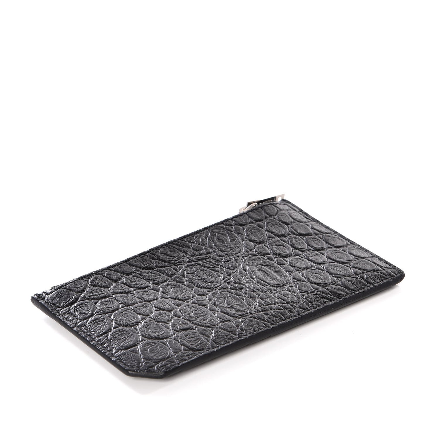 Calfskin Crocodile Embossed 5 Fragments Zip Card Case Black