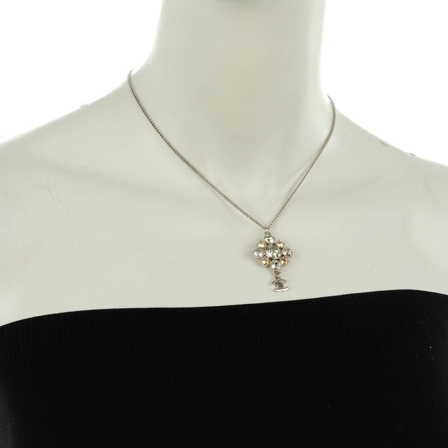 Chanel Crystal CC Pendant Necklace Silver 2 of 5