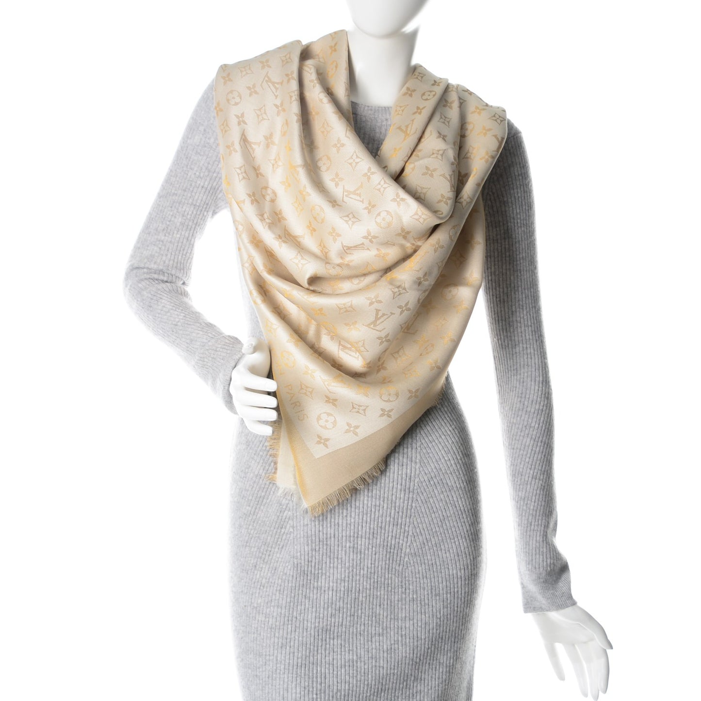 Silk Wool Monogram Shine Shawl White