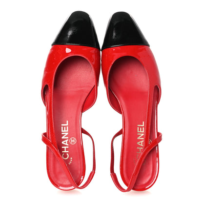 Chanel Patent Calfskin Cap Toe CC Slingback Flats 39 Red Black 2 of 14