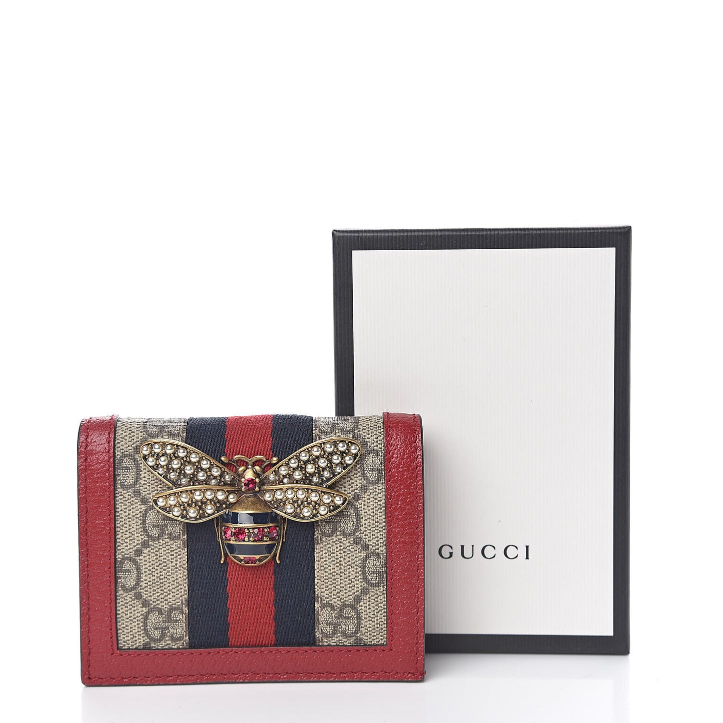 GG Supreme Monogram Queen Margaret Card Case Red