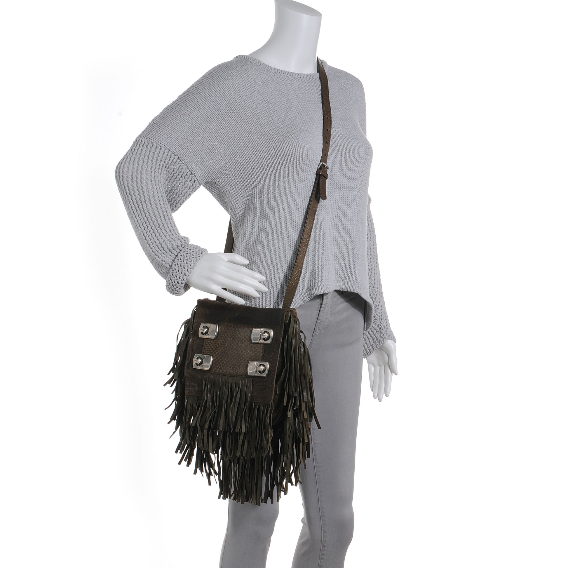 Jimmy Choo Python Grained Adele Fringe Shoulder Bag Brown 2 of 8