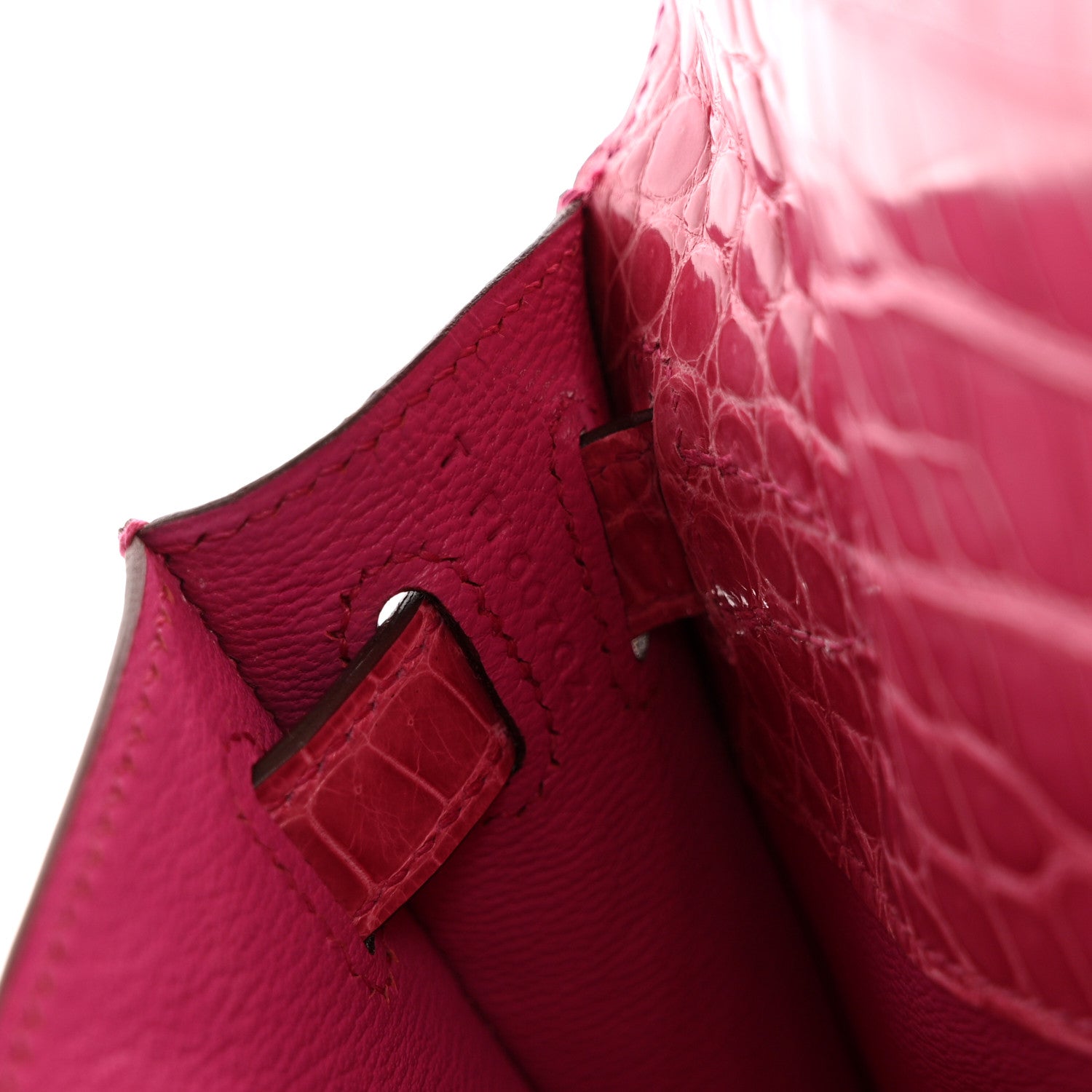 Hermes Shiny Porosus Crocodile Kelly Cut Pochette Rose Tyrien 7 of 11