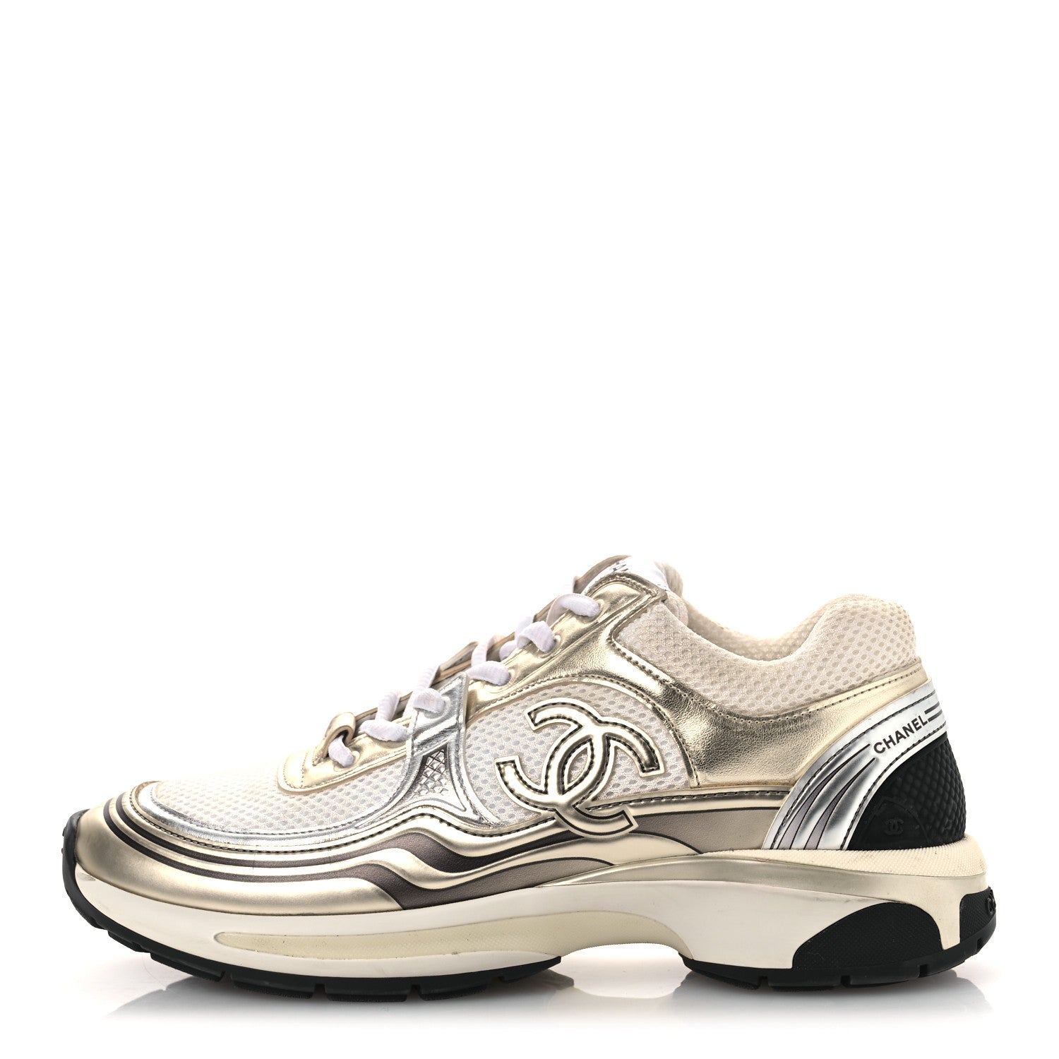 Chanel Fabric Laminated Calfskin Stretch CC Womens Sneakers 40 White Gold Silver 1 of 13