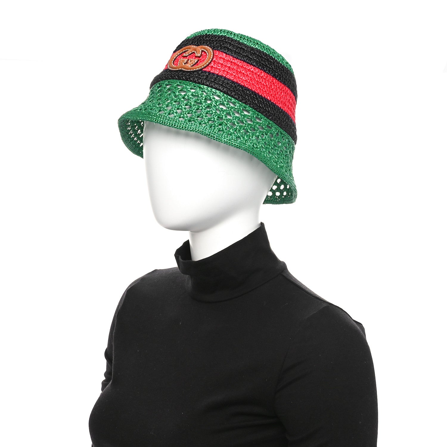 Gucci Raffia Interlocking G Web Bucket Hat S Green Multicolor 2 of 9
