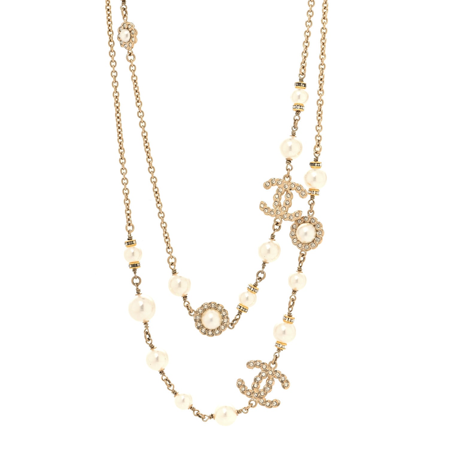 Chanel Pearl Crystal CC Long Necklace Gold 1 of 4