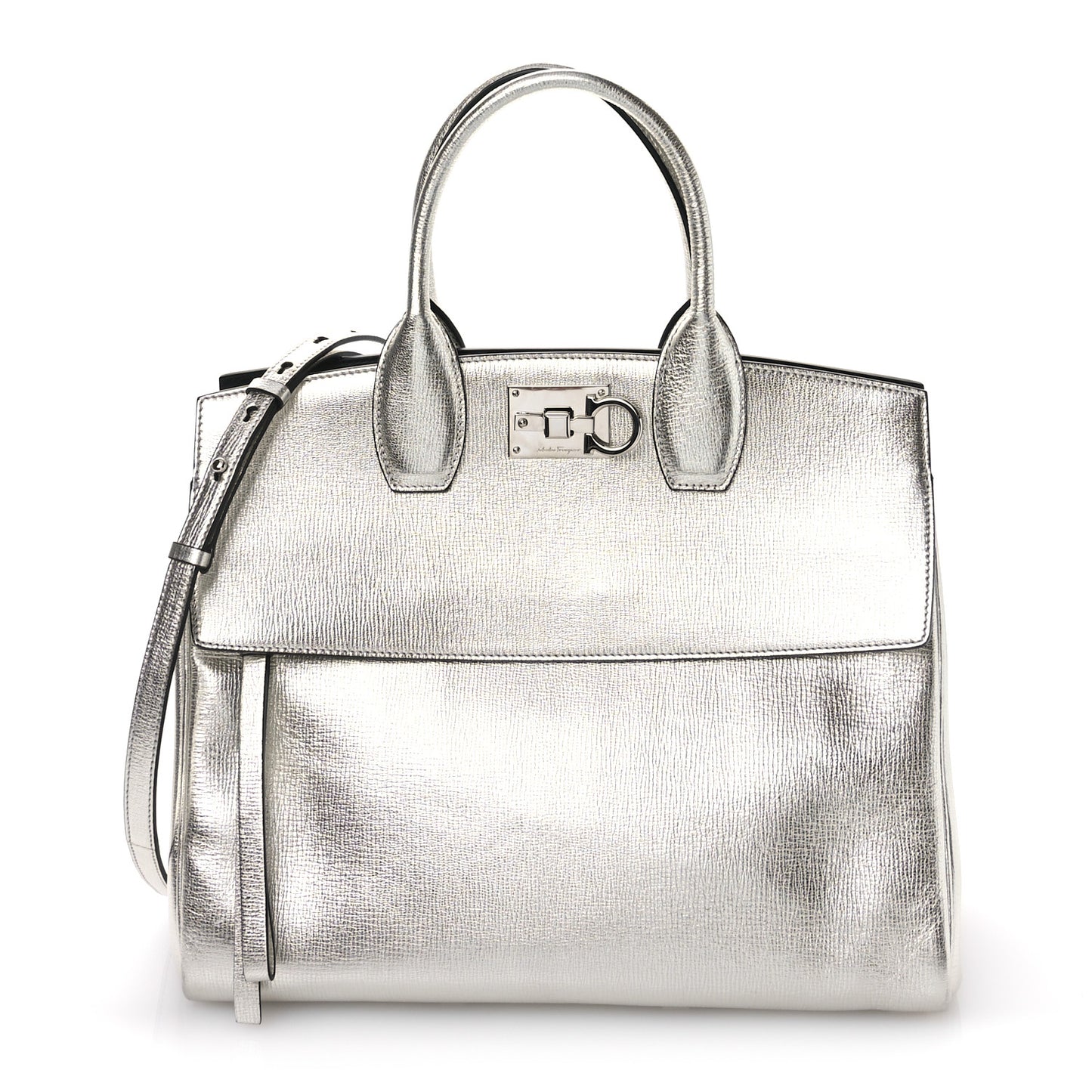 Metallic Hammered Calfskin Studio Top Handle Bag Silver