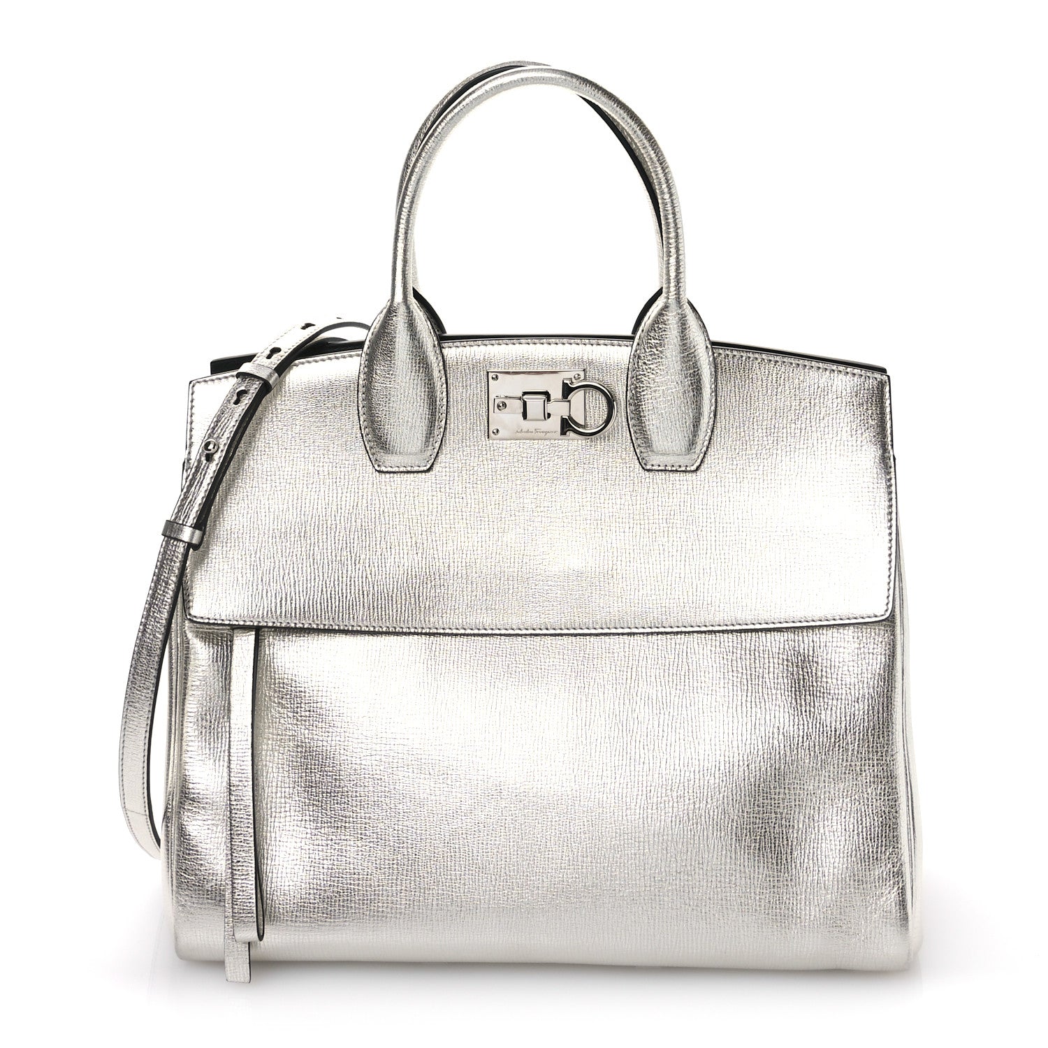 Salvatore Ferragamo Metallic Hammered Calfskin Studio Top Handle Bag Silver 1 of 12