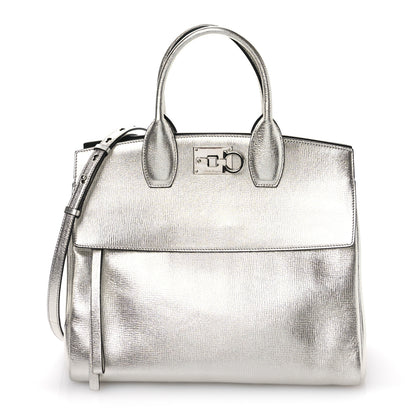 Salvatore Ferragamo Metallic Hammered Calfskin Studio Top Handle Bag Silver 1 of 12