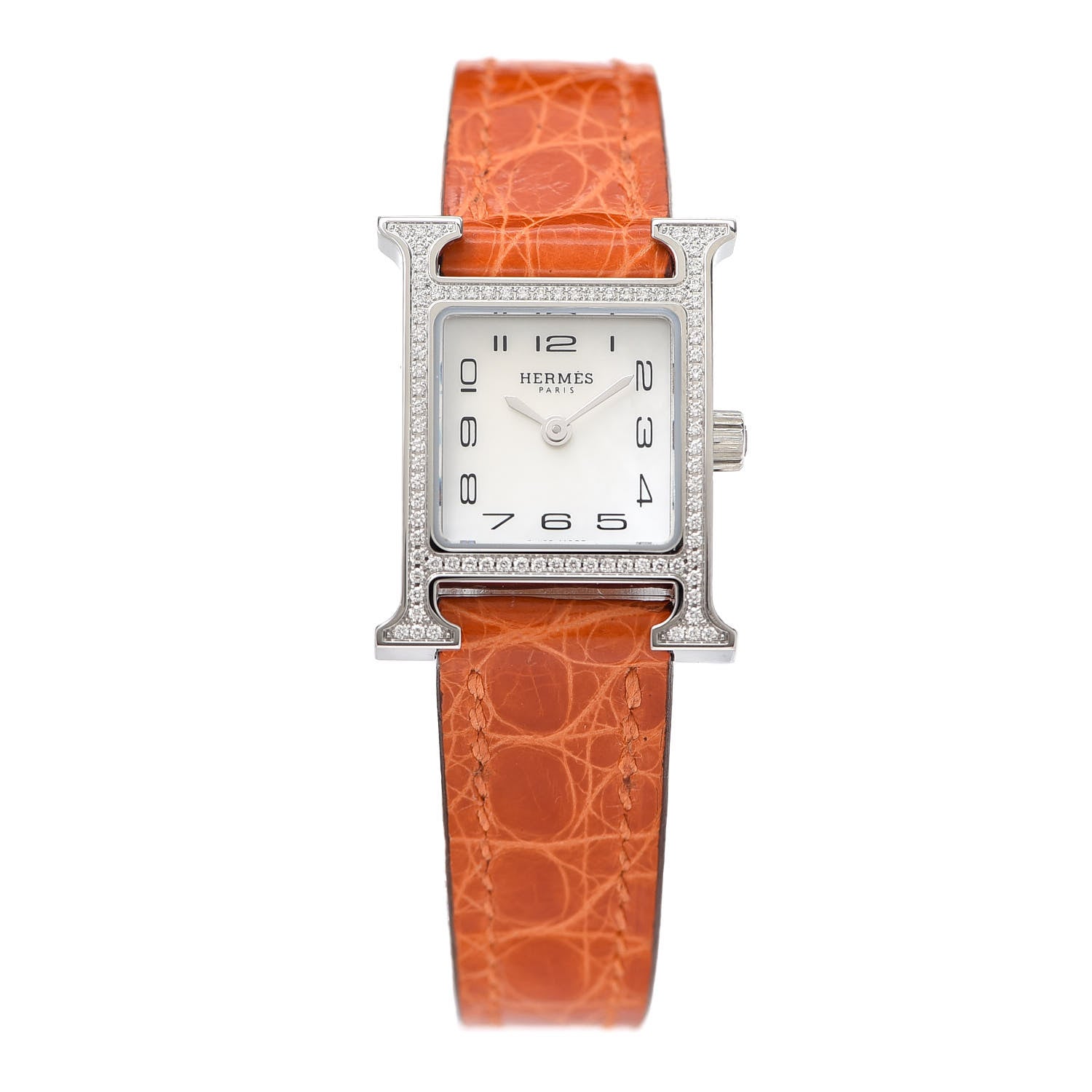 Hermes Stainless Steel Alligator Diamond Bezel Mother of Pearl 17.2mm Heure H Hour Quartz Watch Orange 1 of 5
