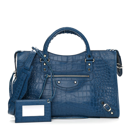Balenciaga Calfskin Crocodile Embossed Classic Silver Hardware City Bleu Marine 1 of 11
