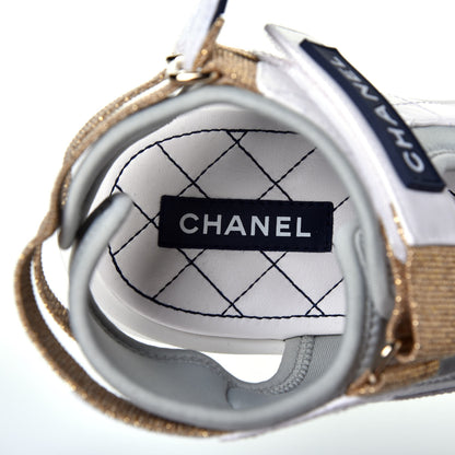 Chanel Goatskin Fabric Gladiator Sandals 37.5 White Light Grey Navy Blue 6 of 8