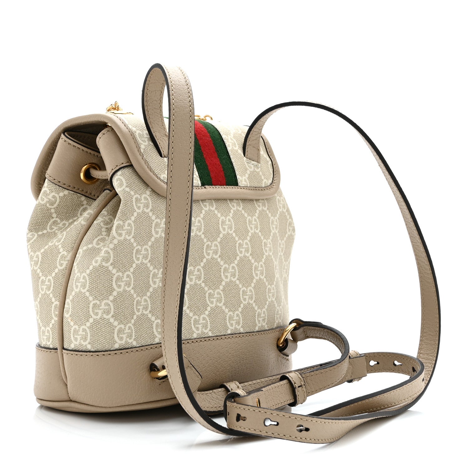 Gucci GG Supreme Monogram Textured Dollar Calfskin Web Mini Chain Drawstring Backpack Beige Mystic White Oatmeal 3 of 11