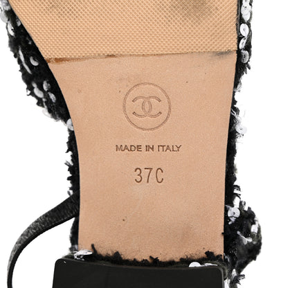 Chanel Tweed Sequin Patent Cap Toe CC Slingback Flats 37 Black 9 of 9