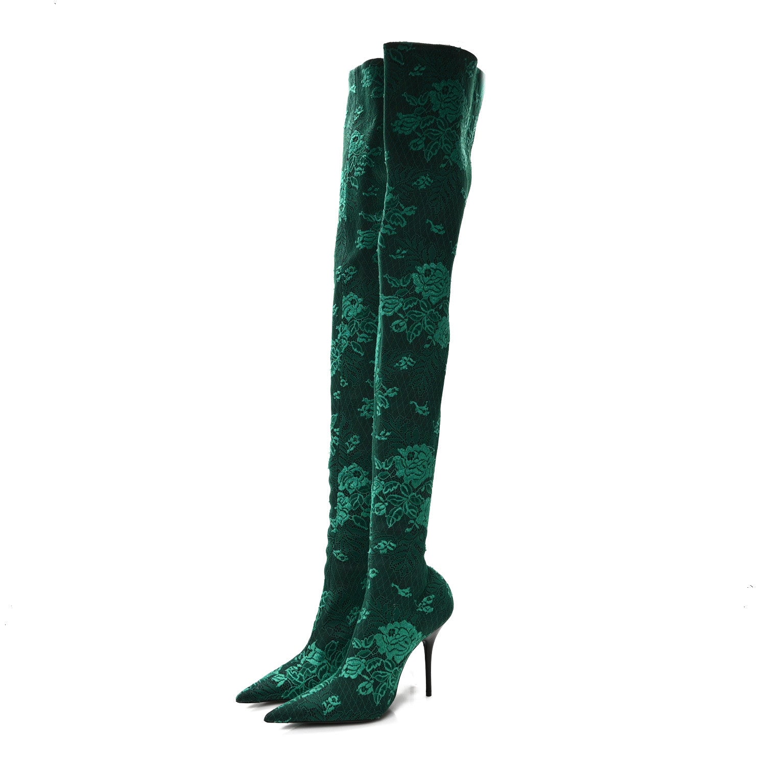 Balenciaga Lace Spandex Pointed Toe Knife Thigh High Boots 38 Green 3 of 6