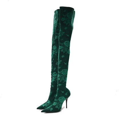 Balenciaga Lace Spandex Pointed Toe Knife Thigh High Boots 38 Green 3 of 6