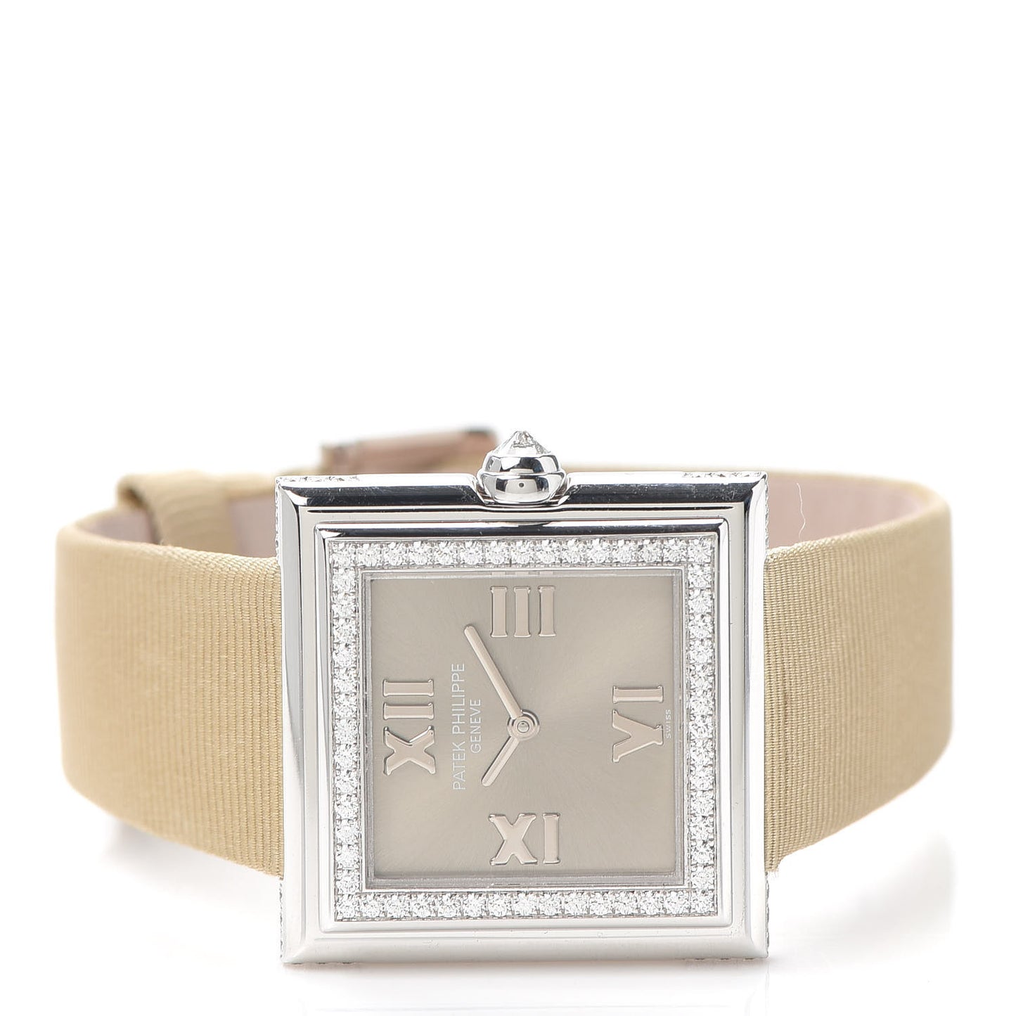 18K White Gold Satin Diamond Bezel Lady Gondolo Quartz Watch Champagne 4868G-001