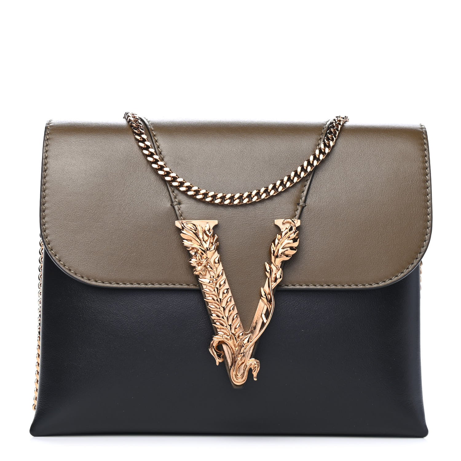 Versace Vitello Virtus Chain Clutch Black Khaki 1 of 4