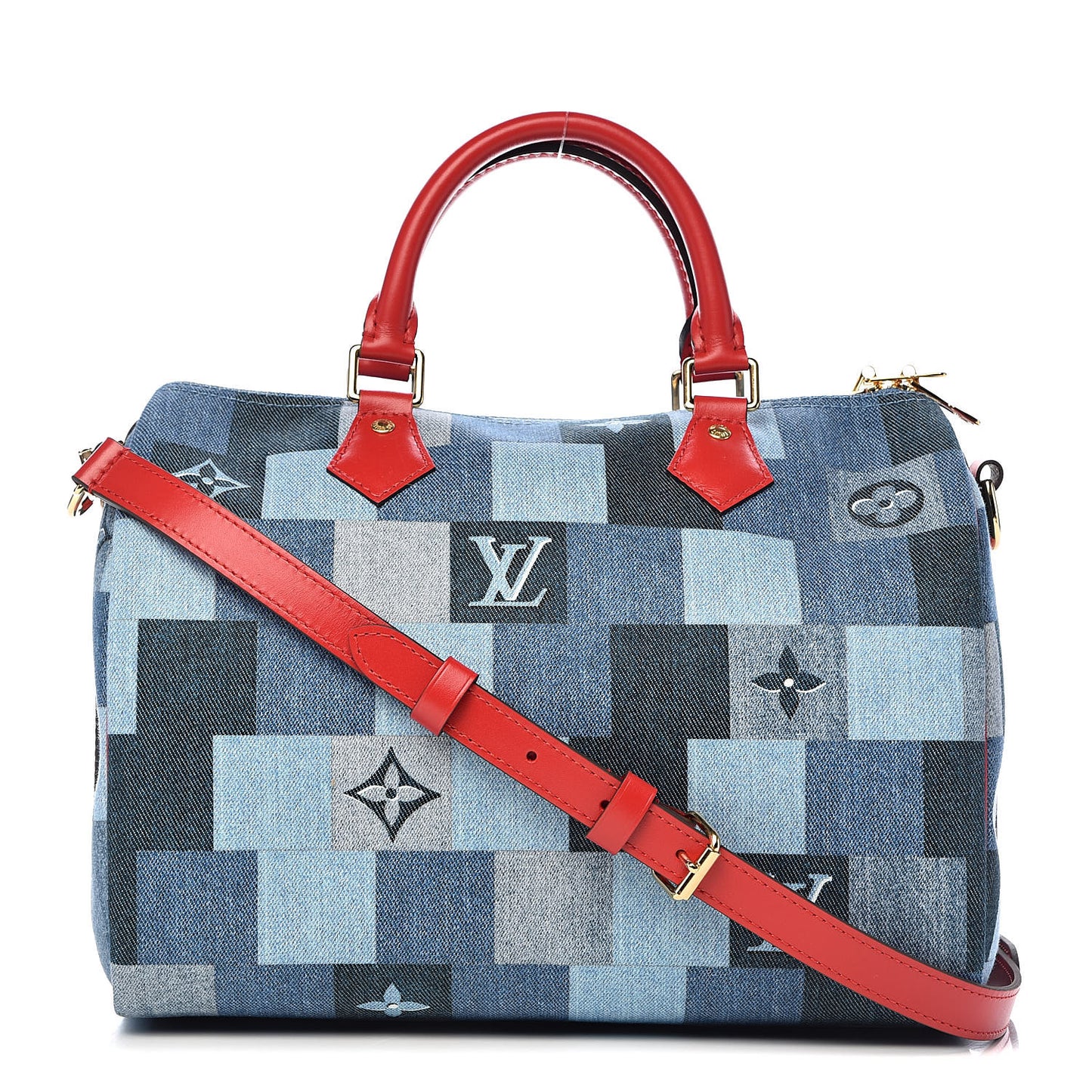 Denim Damier Monogram Patchwork Speedy Bandouliere 30 Blue Rouge