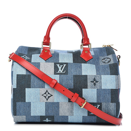 Louis Vuitton Denim Damier Monogram Patchwork Speedy Bandouliere 30 Blue Rouge 1 of 11