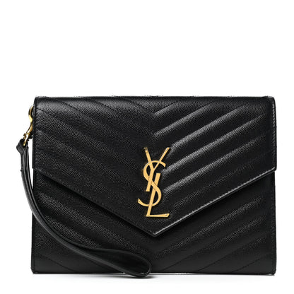 Saint Laurent Grain De Poudre Matelasse Chevron Monogram Envelope Clutch Black 1 of 7
