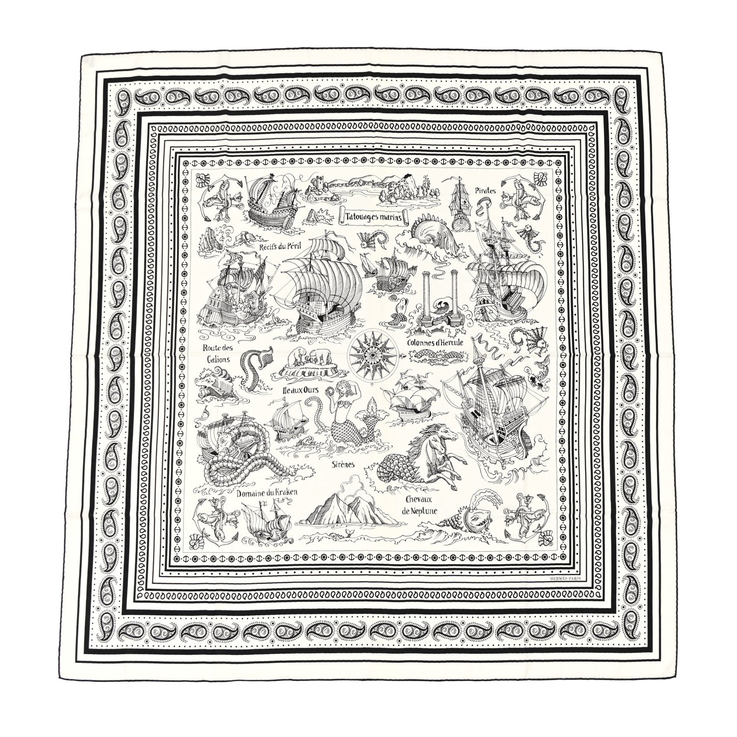 Cashmere Silk Tatouages Marins Bandana Shawl 140 White Black