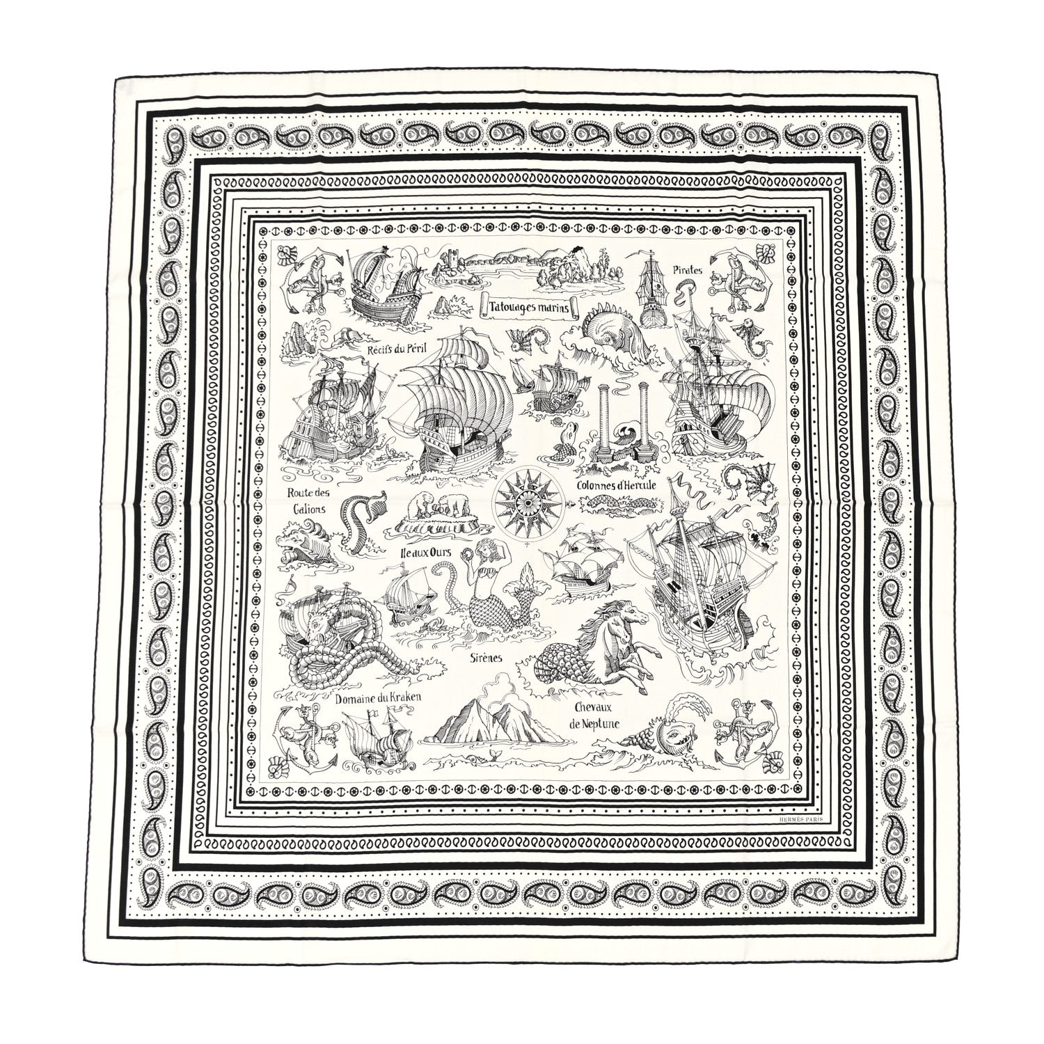 Hermes Cashmere Silk Tatouages Marins Bandana Shawl 140 White Black 1 of 5