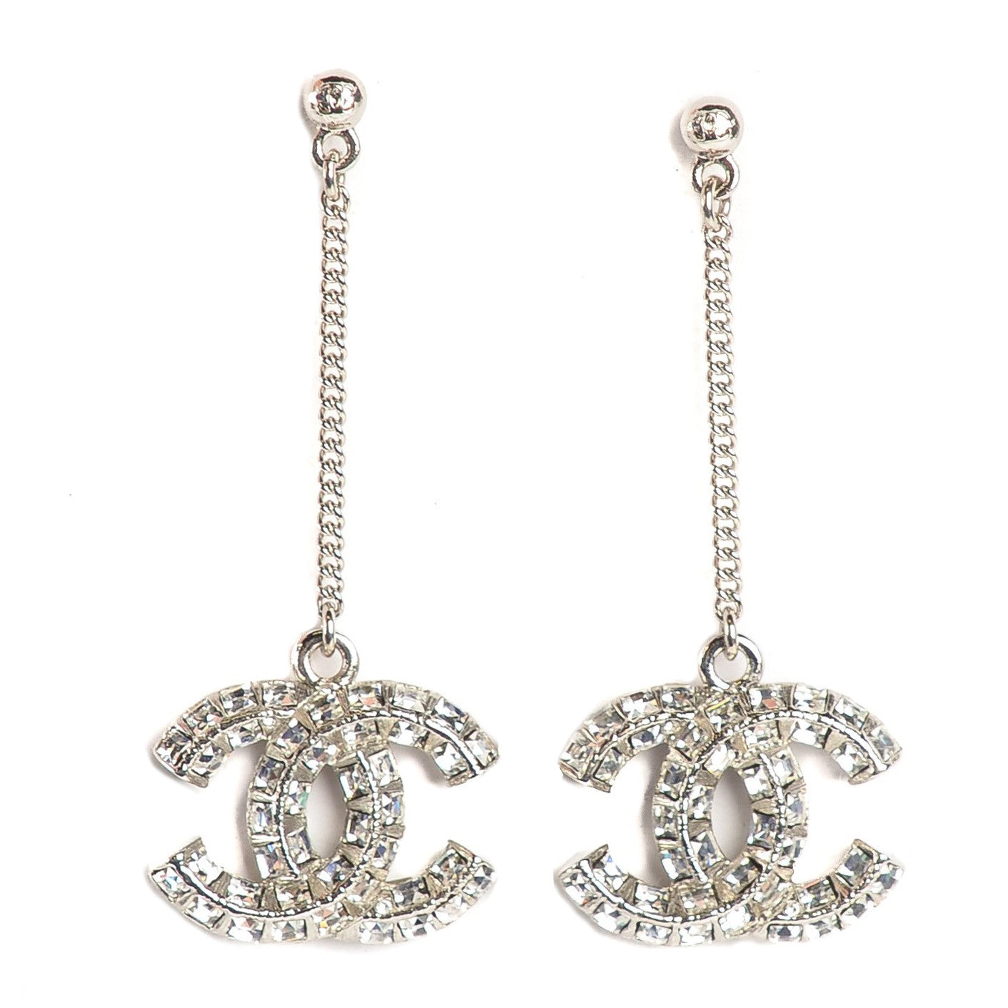 Baguette Crystal CC Dangle Earrings Silver