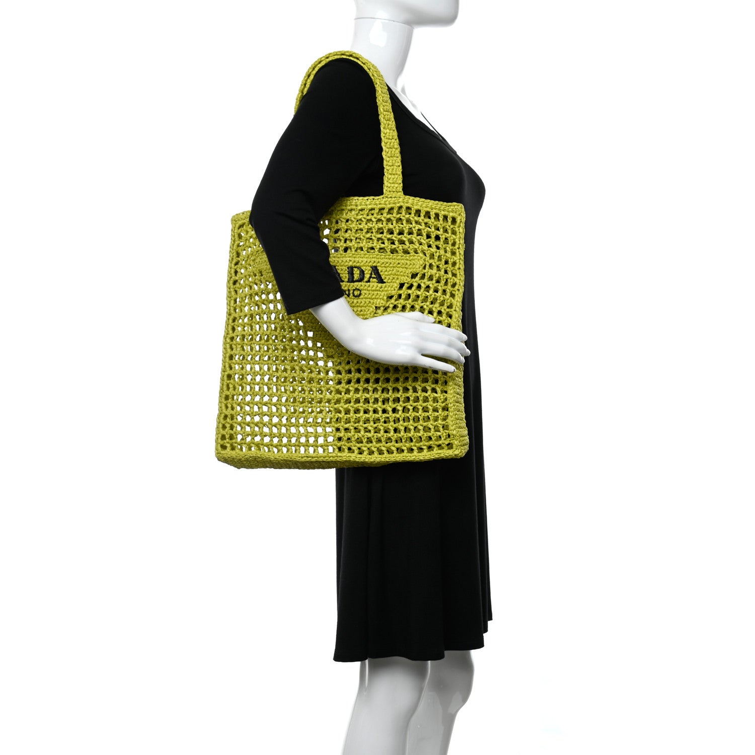 Prada Yarn Raffia Effect Crochet Logo Embroidered Tote Bag Cedro 1 of 9