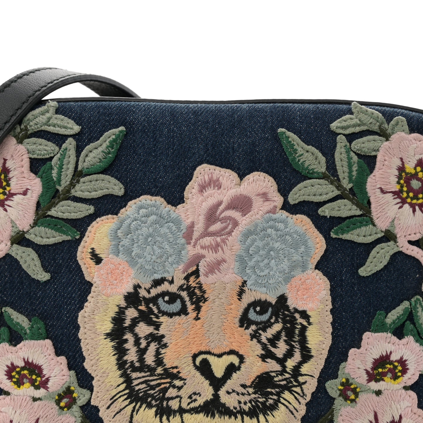 Denim Tiger Floral Embroidered Small Camera Shoulder Bag Blue Multicolor