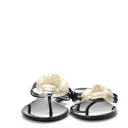 Chanel Jelly Camellia Thong Sandals 39 Black Ivory 2 of 9