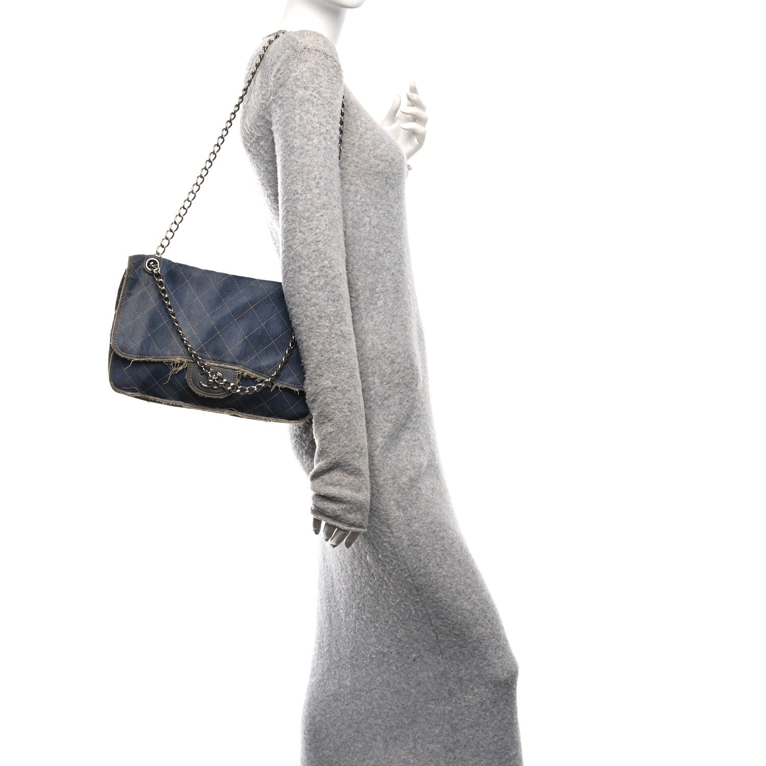 Chanel Denim Quilted Jumbo Pompom Flap Dark Blue 2 of 13