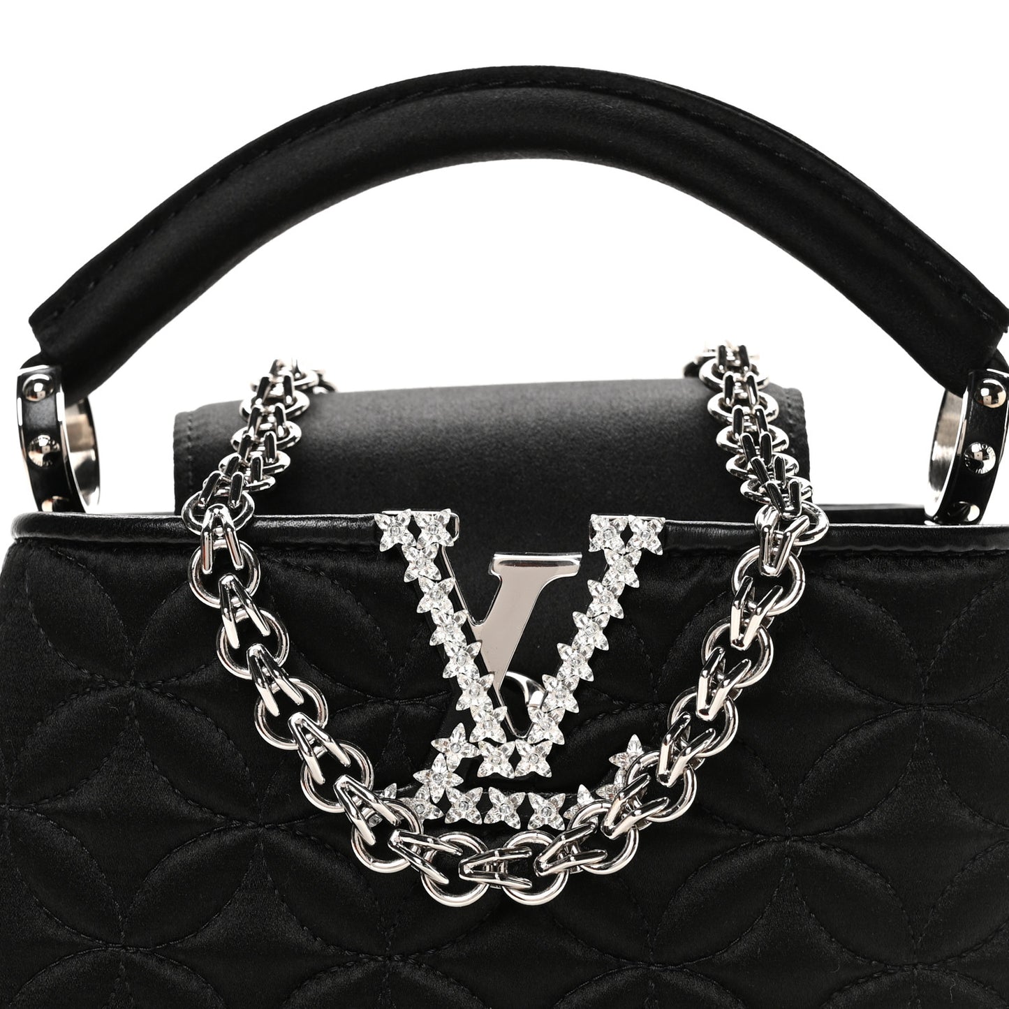 Satin Quilted Flower Crystal Mini Capucines Black