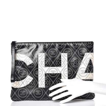 Chanel Coated Canvas Calfskin Camellia Printed Pouch Black Beige 2 of 9