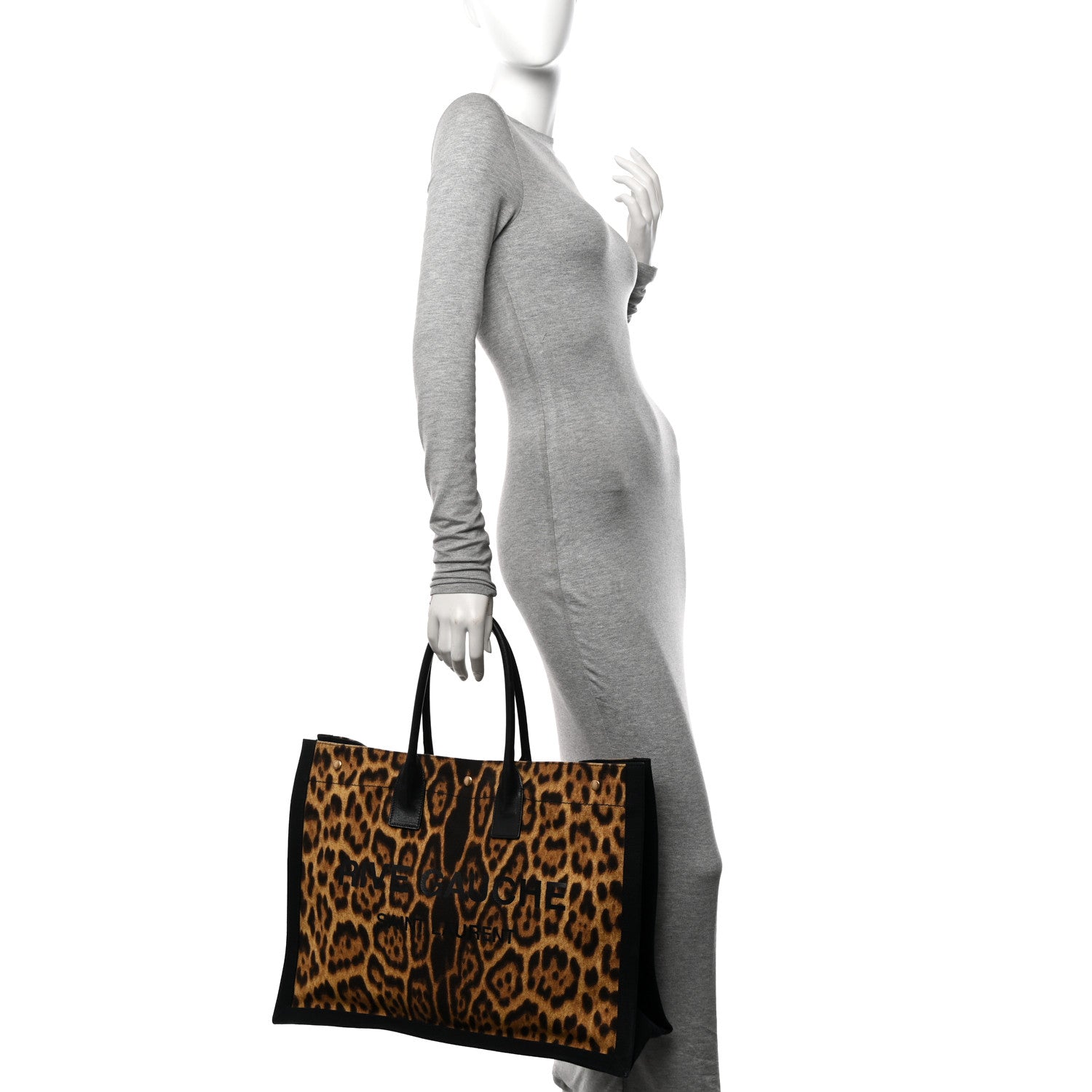 Saint Laurent Canvas Calfskin Leopard Print Rive Gauche Noe Tote Natural Black 2 of 13
