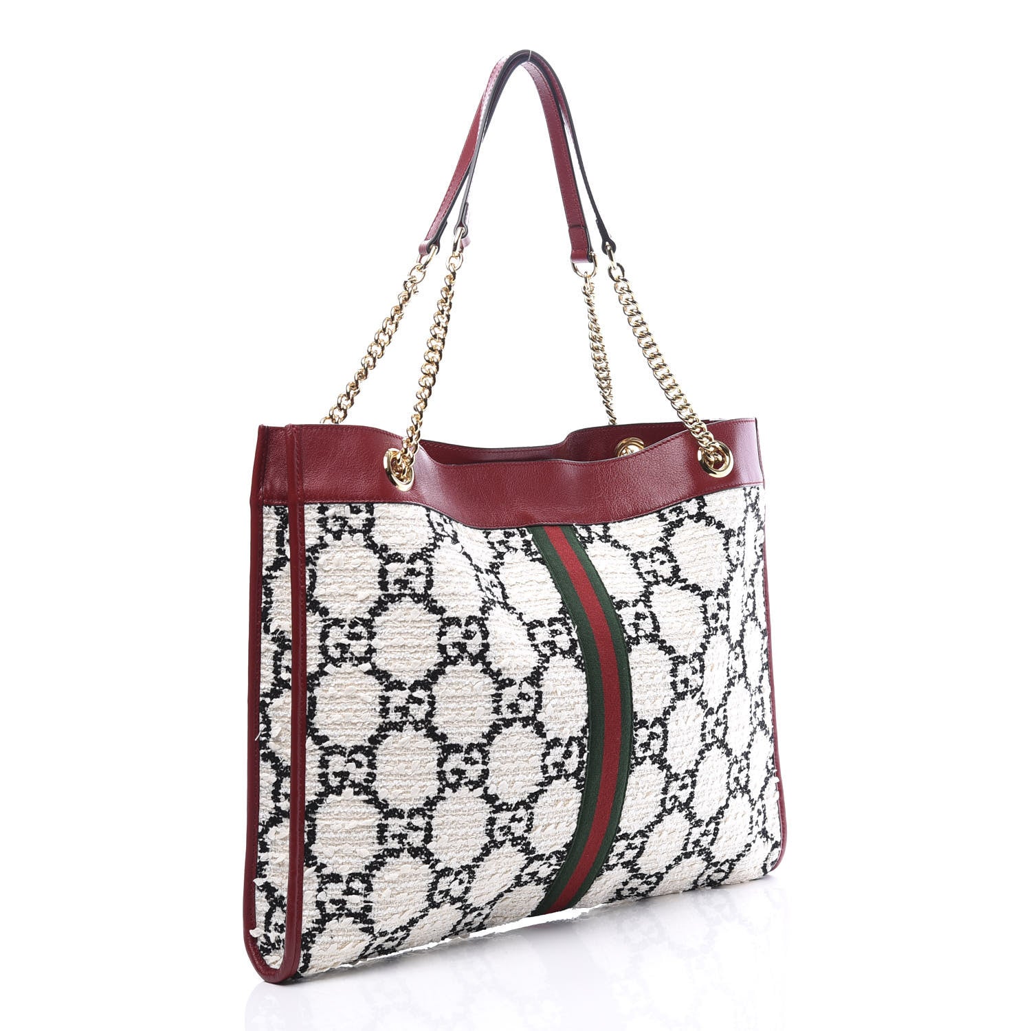 Gucci Tweed GG Monogram Large Rajah Chain Tote White Black Romantic Cherry 3 of 11
